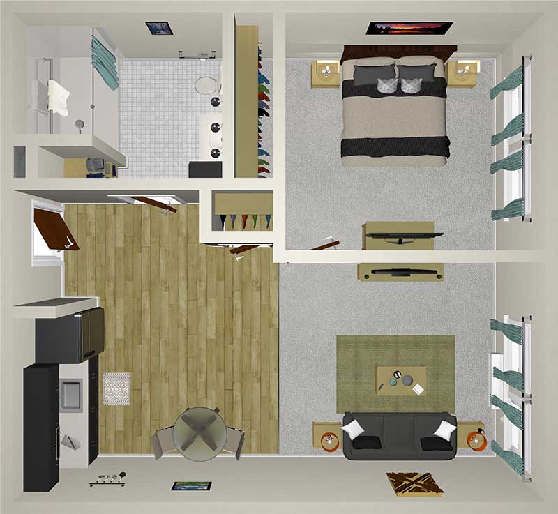 A 3D floor plan of an apartment featuring a bedroom with a bed and nightstands, a bathroom with a shower, a living room with a sofa and TV, a kitchen with appliances, and a dining area with a table. The layout includes wood and carpet flooring.