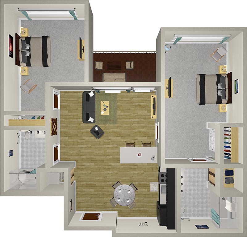 An overhead view of a two-bedroom apartment layout. It includes a central living room, a kitchen with a dining area, and two bathrooms. Each bedroom has a bed and a small desk. The apartment also features a balcony.