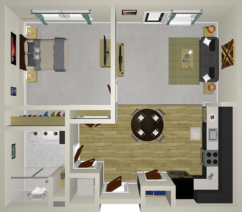 A 3D floor plan of an apartment featuring a bedroom with a double bed, a living room with a sofa and TV, a circular dining table with four chairs, a kitchen with appliances, and a bathroom with a shower.
