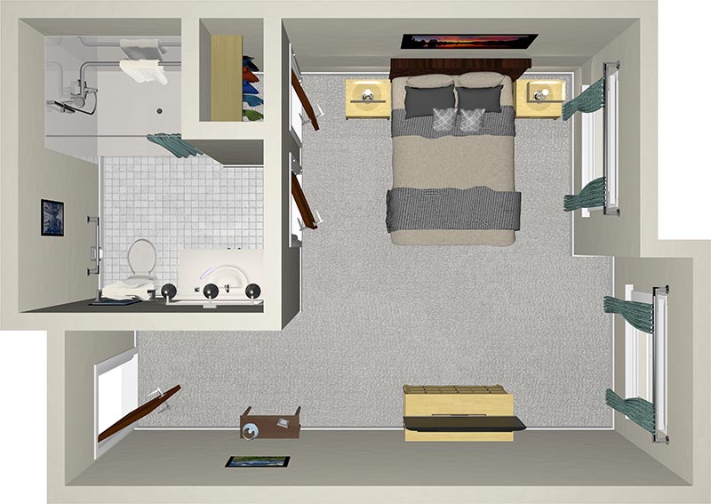 Top-down view of a bedroom and bathroom layout. The room features a bed, two nightstands, a chest of drawers, and windows with curtains. The adjacent bathroom includes a shower, toilet, and sink. Neutral-colored flooring and walls accent the space.