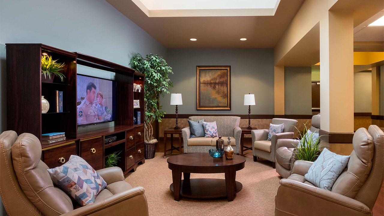 A cozy living room with beige armchairs, a wooden coffee table, and a TV displaying a show. A large potted plant is beside the entertainment center with shelves. Soft lighting and a landscape painting enhance the warm ambiance.