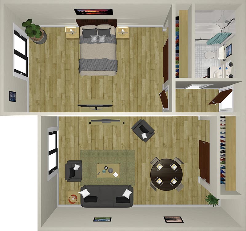 A bird's-eye view of a one-bedroom apartment with wooden flooring. The layout includes a bedroom with a double bed, a bathroom, a living room with a sofa and TV, and a dining area with a round table and four chairs. There are windows and plants throughout.