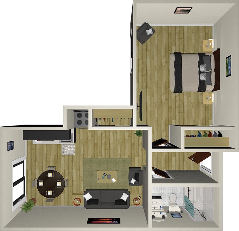 A top-down view of a small apartment layout featuring a living room with a sofa and coffee table, a dining area, a kitchen with appliances, a bedroom with a double bed, and a bathroom with a bathtub. The interior has wood flooring and modern decor.