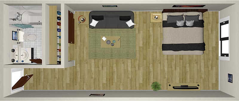 A top-down view of a studio apartment layout showing a bedroom with a large bed, a living area with a couch and table, a small kitchen, and a bathroom with a shower. The floor has a wood-like finish, and there are windows on two walls.