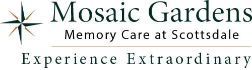 Logo of Mosaic Gardens Memory Care at Scottsdale with a stylized star icon. The text reads "Experience Extraordinary" beneath the name.