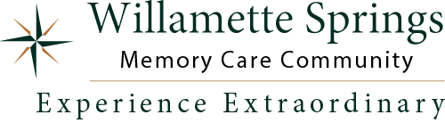 Logo for Willamette Springs Memory Care Community, featuring a star-like design on the left. Text reads: "Willamette Springs Memory Care Community" and "Experience Extraordinary.
