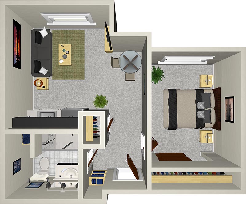 A 3D floor plan of a small apartment featuring a bedroom with a bed, side tables, and a plant. The living area has a sofa, TV, and coffee table. A kitchenette is adjacent, with a compact bathroom nearby. Neutral tones and simple decor are used throughout.