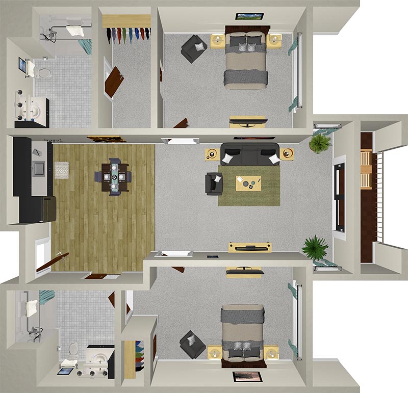 A 3D floor plan of an apartment featuring two bedrooms, each with a bed and dresser. A central living room has a sofa and TV. The kitchen and dining area are on the left side, and two bathrooms are adjacent to each bedroom. A balcony is at the top right.