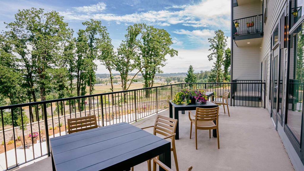 Balcony with modern tables and chairs, overlooking a scenic landscape with trees and a distant horizon. Flower pots add color to the setting. The sky is clear with a few clouds.