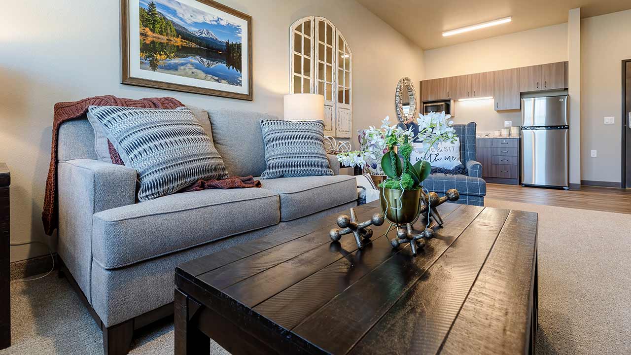 Cozy living room with a gray sofa, patterned cushions, and a maroon throw. A wooden coffee table holds a decorative vase. The wall features a scenic landscape painting. In the background, there's a kitchenette with a fridge and microwave.