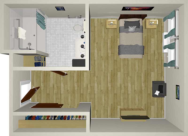 A top-down view of a bedroom layout with wooden flooring. The room includes a bed, two nightstands, a TV, a chair, windows, and a rug. There's an attached bathroom with a shower, sink, and toilet. A closet with clothes is along one wall.