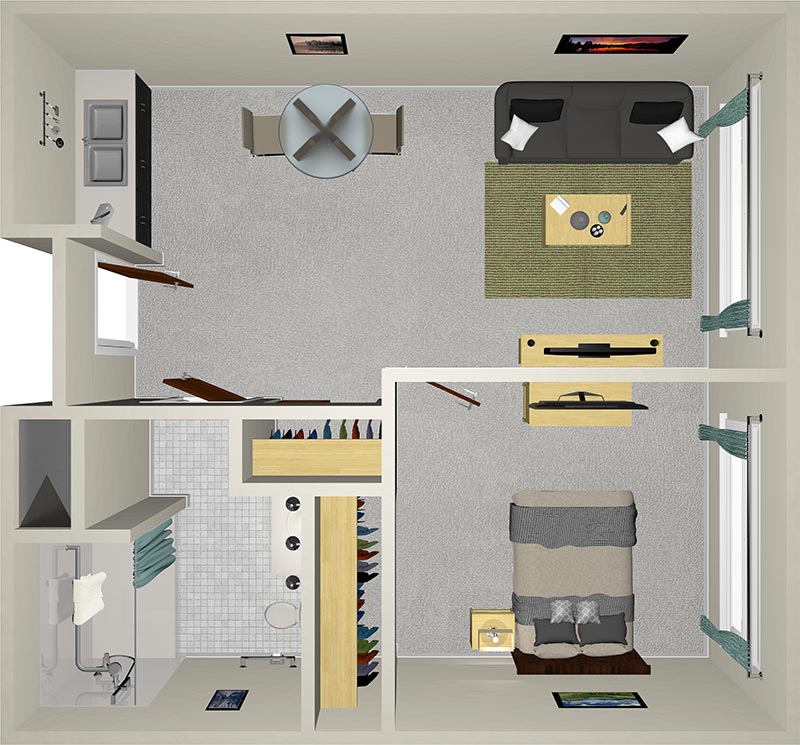 A 3D-rendered top-down view of a one-room apartment, including a living area with a sofa, a small dining table, kitchen, and a bathroom. The room is neatly organized with modern furniture and minimalistic decor.
