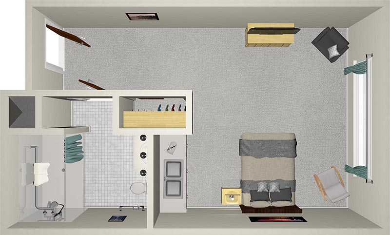 A 3D floor plan of a small room with a bed, nightstand, armchair, and footstool. The room includes a bathroom with a toilet, shower, and sink. The light gray carpet contrasts with the beige walls. There's a window and a couple of wall decorations.