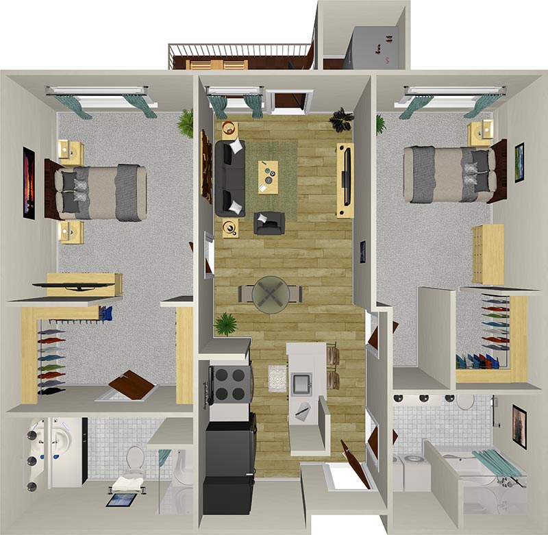 A top-down view of a two-bedroom apartment floor plan. The layout includes a living room, two bedrooms, a kitchen, a bathroom, and closets. The rooms are furnished, with beds in the bedrooms and a sofa in the living room.