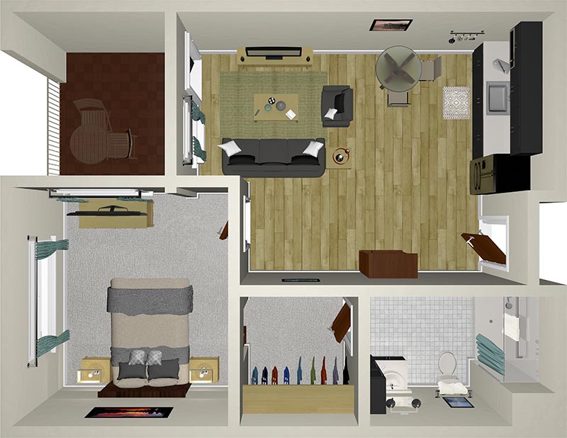 A 3D floor plan of a small apartment showing a living room with a sofa and TV, a kitchen with appliances, a bedroom with a bed and side tables, and a bathroom with a shower and toilet. Natural light comes from windows in each room.
