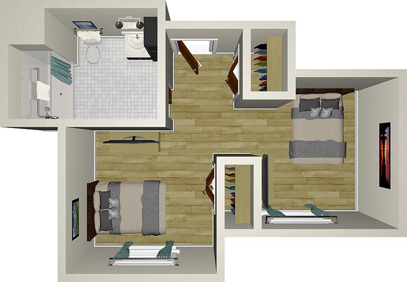 A 3D floor plan of an apartment featuring two bedrooms with double beds, a bathroom with a shower, a closet, and a main hallway with wooden flooring. Each bedroom has windows, and the layout includes closets and a small bathroom.