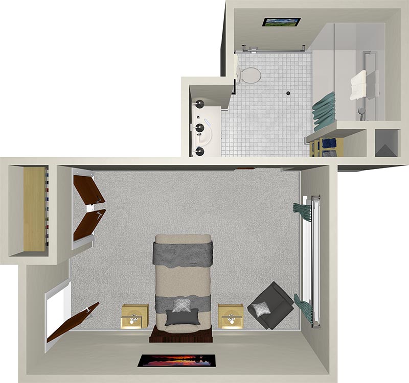 A 3D floor plan of a modern bedroom and bathroom. The bedroom has a bed, two side tables, and a window. The bathroom includes a shower, sink, and toilet. The design is compact and minimalist, with neutral colors.