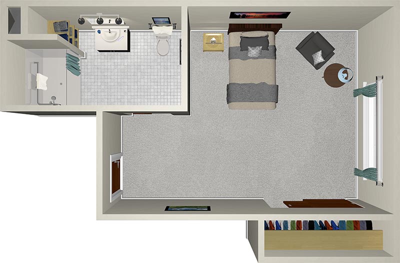 A 3D floor plan showing a bedroom and bathroom. The bedroom includes a bed, armchair, round table, and TV. The bathroom features a sink, toilet, and shower. A closet is visible, containing various clothes. The rooms are carpeted and well-lit.