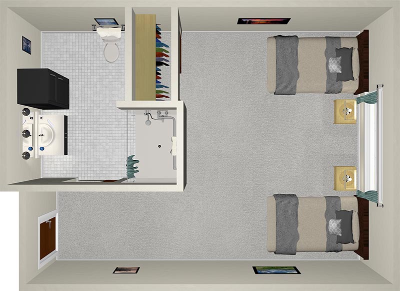 A top-view floor plan of a bedroom with two beds, a shared bathroom, and a closet. The room includes two nightstands, a sink, and a toilet. The beds are aligned parallel to each other with gray bedding.
