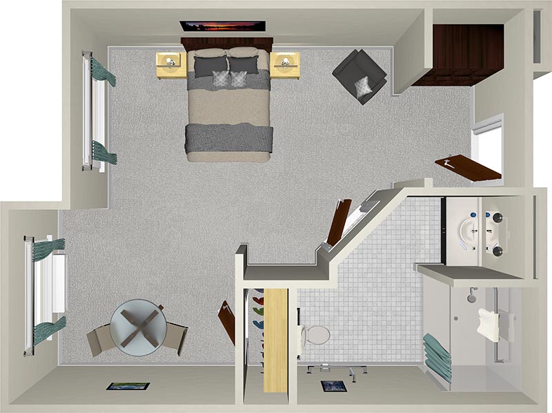 A 3D floor plan of a bedroom with a bed, two side tables, a chair, a small round table with two chairs, and a bathroom with a shower. The room has light-colored walls, gray carpet, and several windows with curtains.