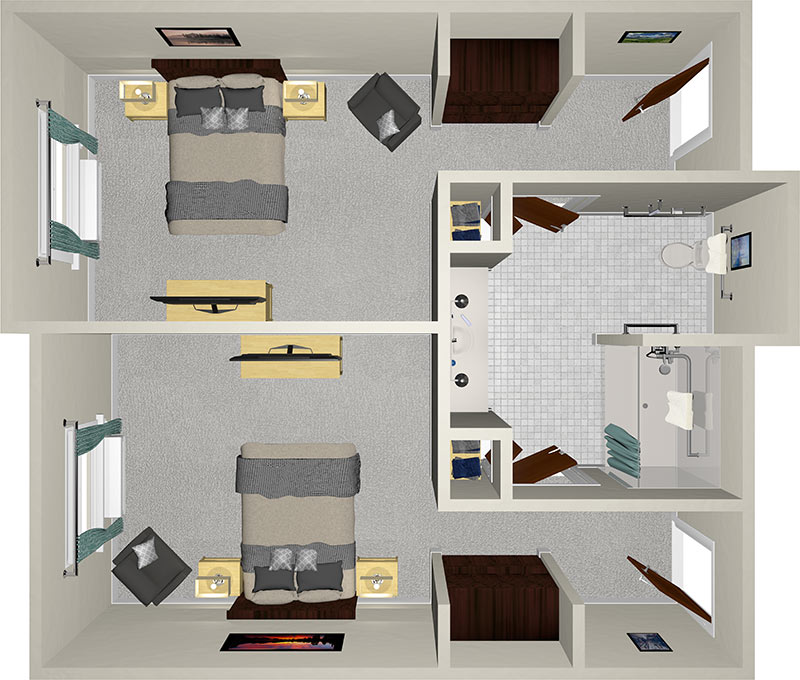 Top-down view of a two-bedroom apartment layout. Each bedroom has a bed, nightstands, and a chair. There's a shared bathroom in the middle with a shower and toilet. Closets are adjacent to the bedrooms, and windows are on each bedroom's walls.