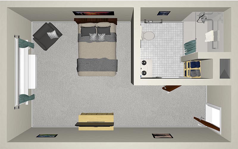 3D rendering of a bedroom layout. Features a bed with two pillows, a bathroom with a shower, sink, and toilet, a closet, a window with curtains, a small table, and various wall decorations. Neutral colors and minimalist design.