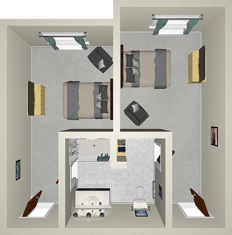 A 3D floor plan of a small apartment with two bedrooms, each with a bed, side tables, and a dresser. A connected bathroom is centrally located with a sink, toilet, and shower. Each room has windows with blue curtains.