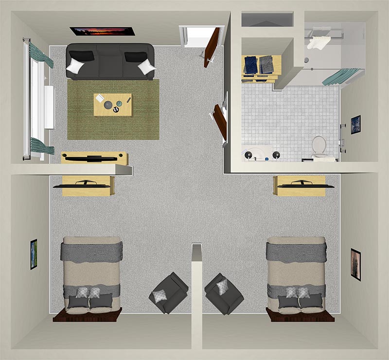A 3D floor plan showing a two-bedroom apartment. The layout includes a living room with two couches and a TV, a kitchen with a dining table, a bathroom, and two bedrooms, each with a bed and a chair.