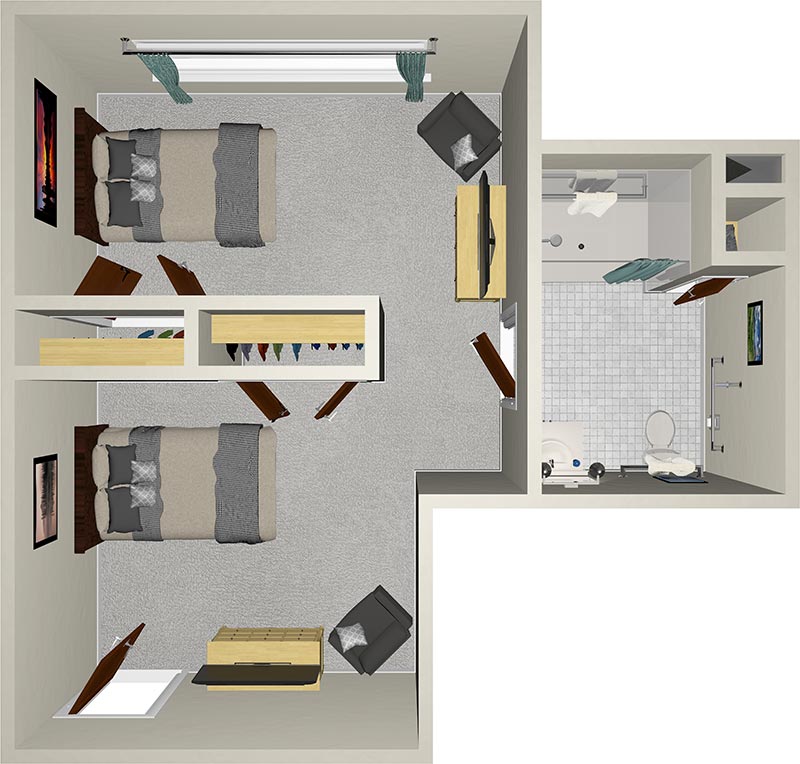 A 3D floor plan of a bedroom with two beds, each with gray bedding. The room includes two desks, two chairs, a TV, and a small bathroom with a toilet, sink, and shower. A window with curtains and some wall decorations are visible.