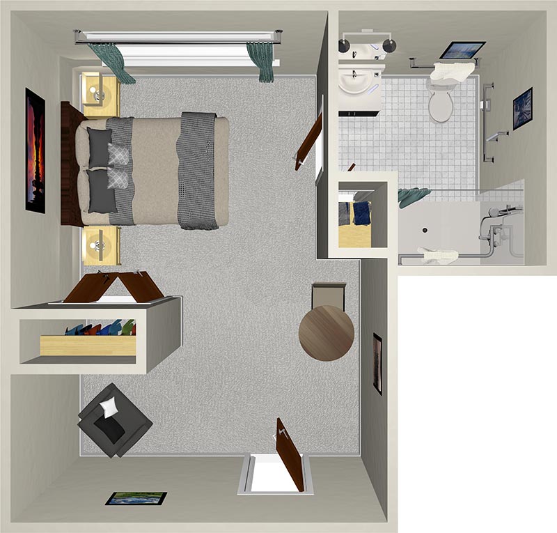 A top-down view of a small apartment floor plan. It includes a bedroom with a double bed, two nightstands, a closet, a bathroom with a shower, sink, and toilet, and a living area with a chair and a small table. Walls are light-colored.