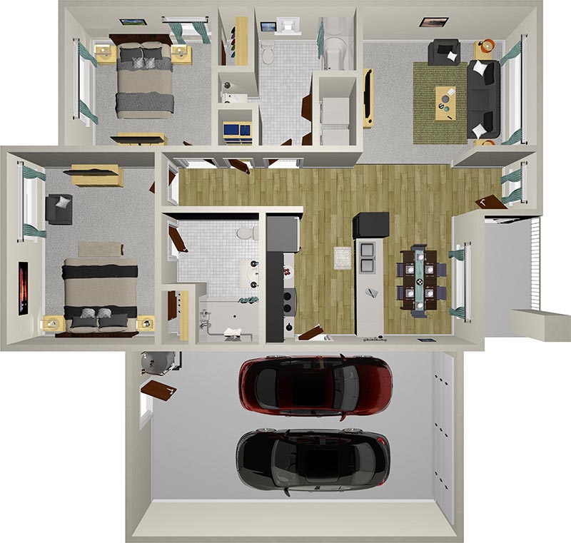 A digital floor plan of a house featuring two bedrooms, a kitchen, a living area, two bathrooms, and a garage with space for two cars. The layout shows furniture placements and room arrangements.