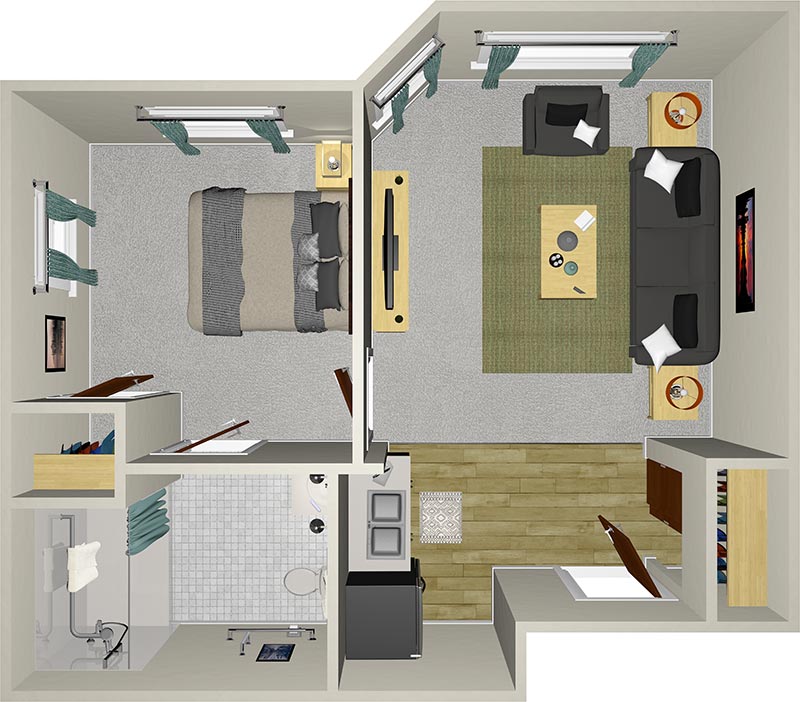 A 3D floor plan of a small apartment with a bedroom, living room, kitchen, and bathroom. The bedroom has a bed and nightstand, the living room has a couch and coffee table, the kitchen has cabinets, and the bathroom has a shower and toilet.