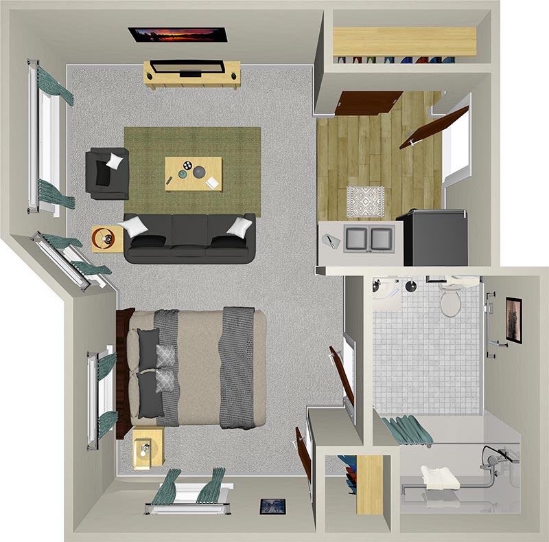 A 3D floor plan of a one-bedroom apartment featuring a living room with a sofa and TV, a bedroom with a double bed, a kitchen with a sink, and a bathroom with a shower and toilet. The layout includes carpeting in the living and bedroom areas.