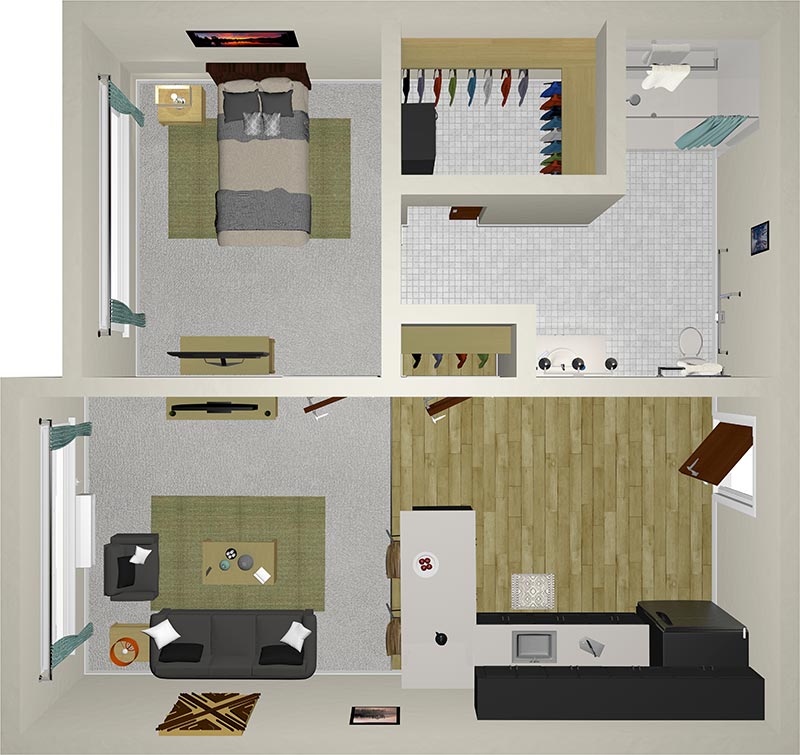 A 3D floor plan of a modern apartment with two rooms. The top room features a bed, closet, and bathroom. The bottom room includes a kitchen, dining table, living area with a couch, TV, and wall art. Hardwood and carpeted flooring are visible.
