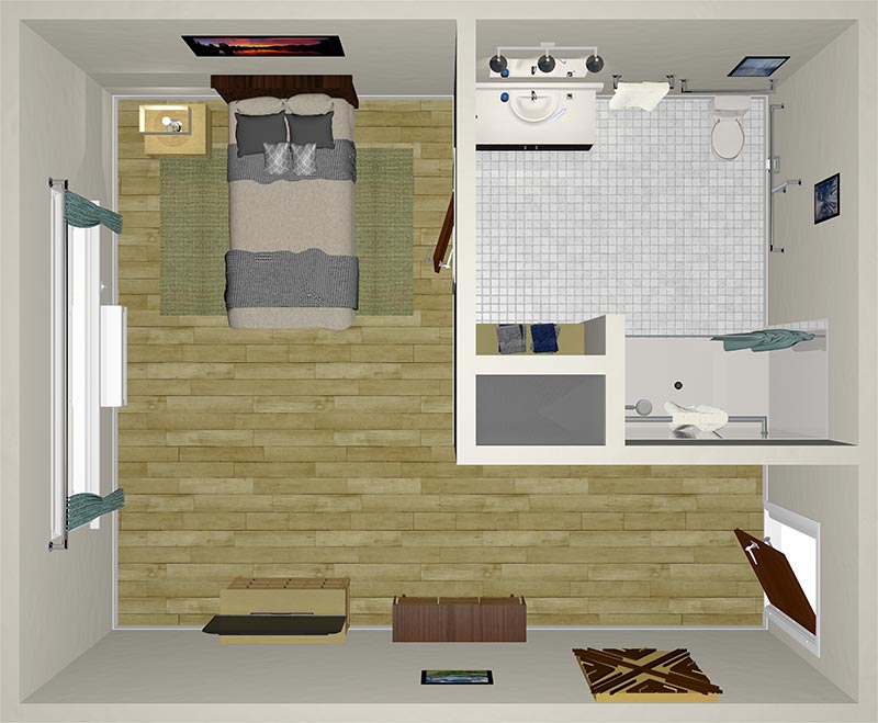 Floor plan of a small bedroom and bathroom. The room features a bed with pillows and a nightstand. There's a bathroom with a sink, toilet, and shower. Wooden flooring is visible, along with decor on the walls and a rug by the bed.