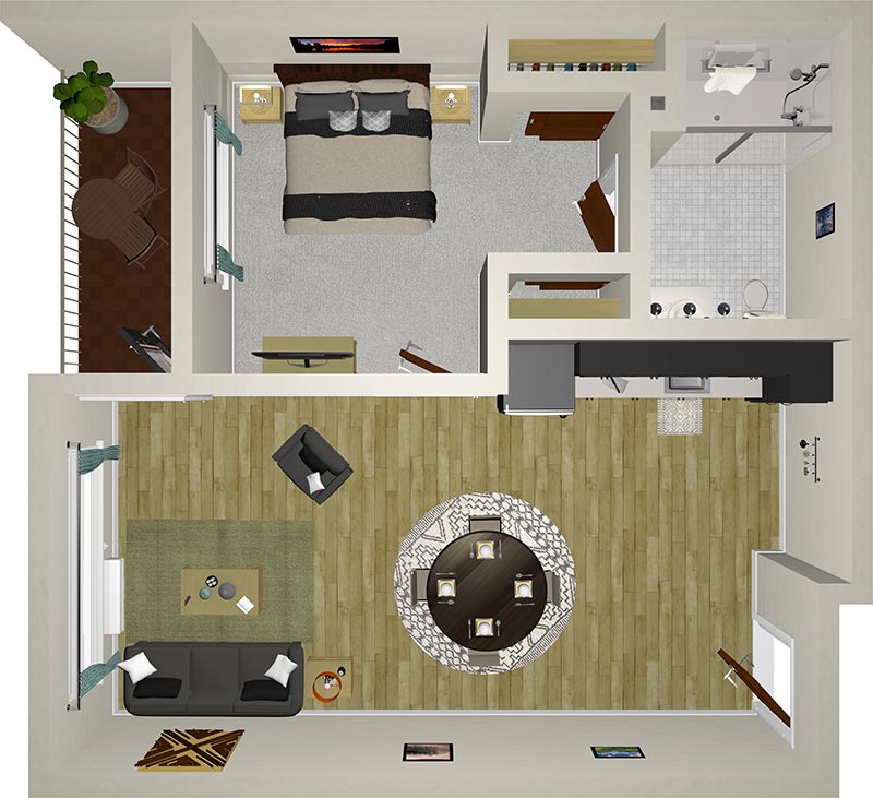 A 3D floor plan of a one-bedroom apartment, featuring a bedroom with a bed and two nightstands, a bathroom with a shower, a living area with a sofa and TV, a dining area with a round table, and a small balcony with a chair and plant.