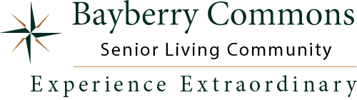 Logo for Bayberry Commons Senior Living Community with a compass star symbol, and the tagline "Experience Extraordinary.