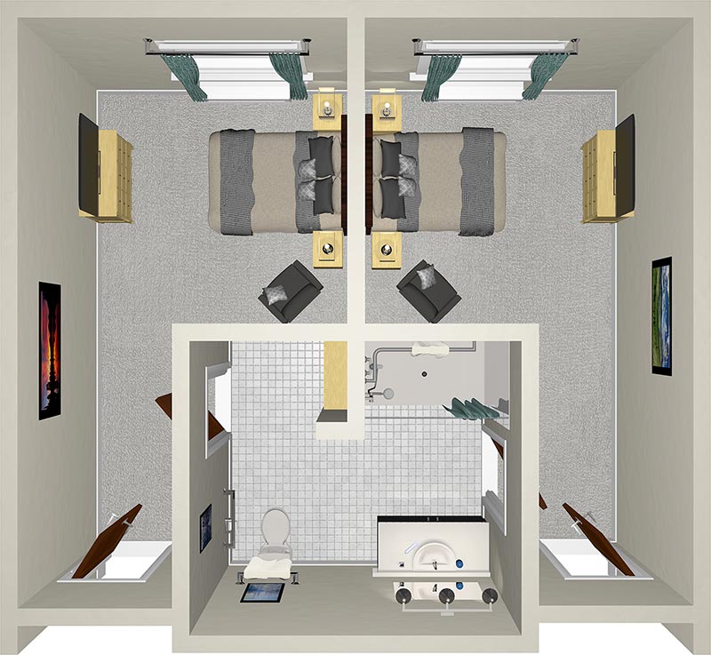 A 3D floor plan of a small apartment shows two beds in separate rooms, each with nightstands and windows. A shared bathroom with a sink, toilet, and shower is in between, accessible from both rooms. The decor is minimalist with neutral tones.