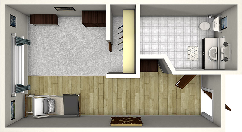 A top-down view of a bedroom and bathroom layout; the bedroom has a bed, dresser, and window, while the bathroom has a toilet, sink, shower, and tiled floor.