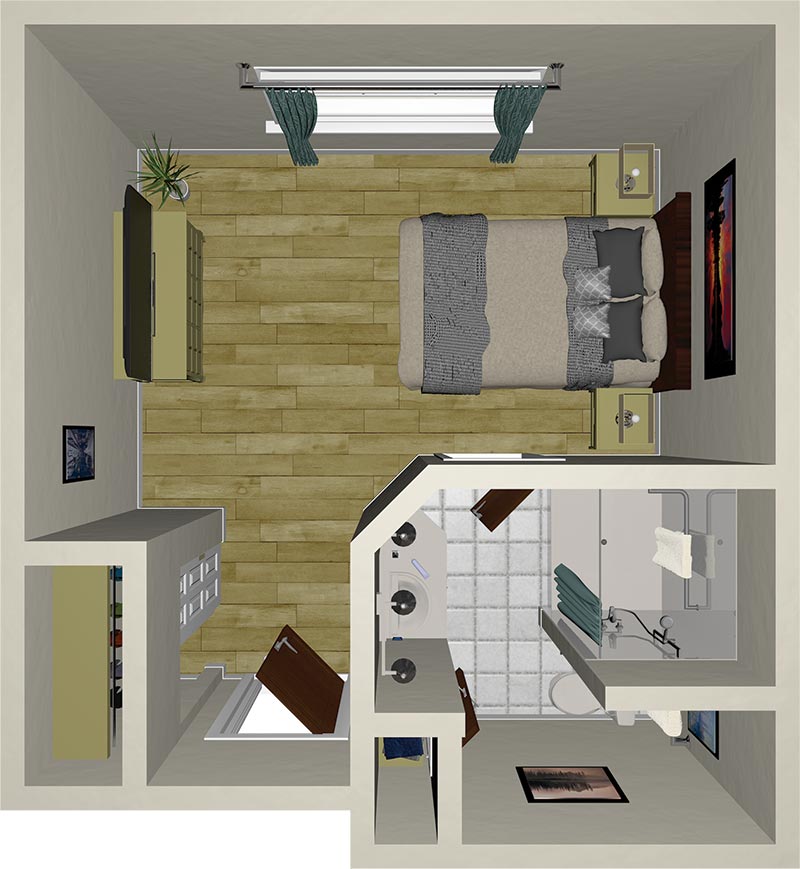 Top-down view of a bedroom with a double bed, two nightstands, a dresser, a plant, a window with teal curtains, and an attached bathroom featuring a sink, shower, and toilet. Wood flooring throughout the bedroom.