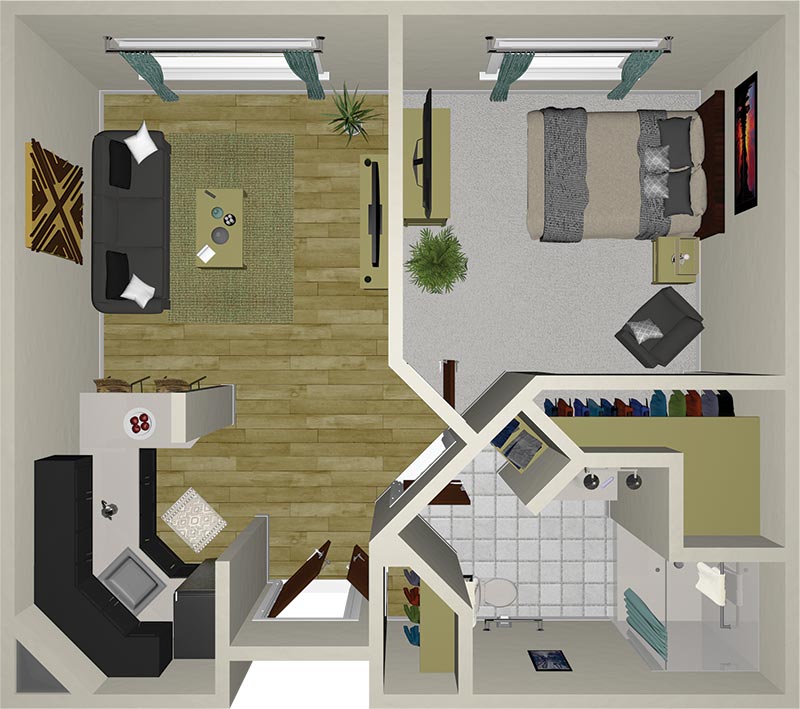 A top-down view of a one-bedroom apartment with living room, kitchen, bedroom, closet, and bathroom. The rooms are clearly furnished and separated by walls and doors.