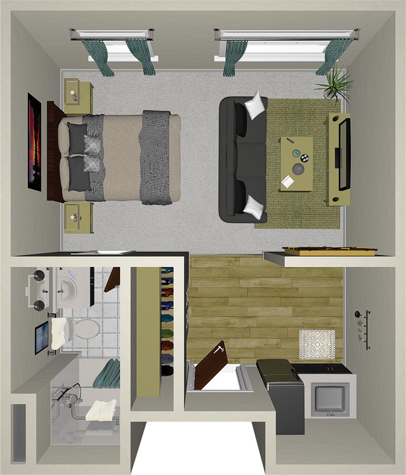 Top-down view of a studio apartment showing a bed, sofa, coffee table, TV, kitchen, bathroom, and entryway. The bedroom and living area share an open space, with the bathroom and closet near the entrance.