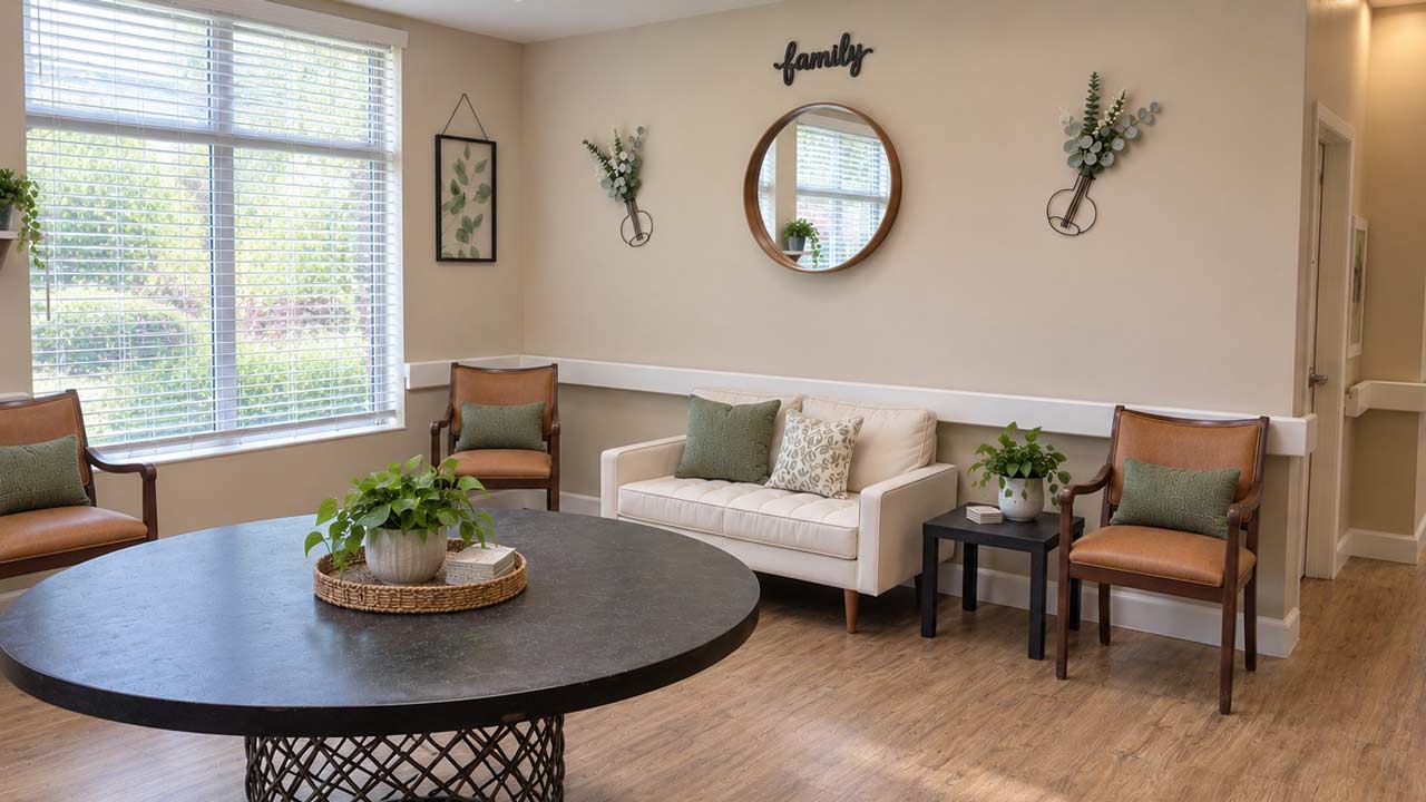 Bright, cozy living room with a round table, potted plants, a white sofa, two wooden chairs, wall decor, and a large window letting in natural light.