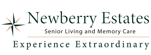 Logo for Newberry Estates Senior Living and Memory Care with a compass star graphic and the slogan “Experience Extraordinary.”.