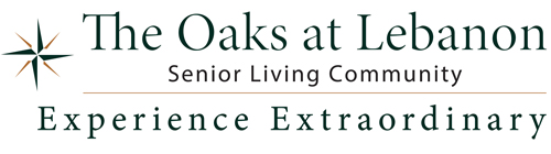 Logo for The Oaks at Lebanon Senior Living Community with a compass rose symbol and the slogan “Experience Extraordinary.”.