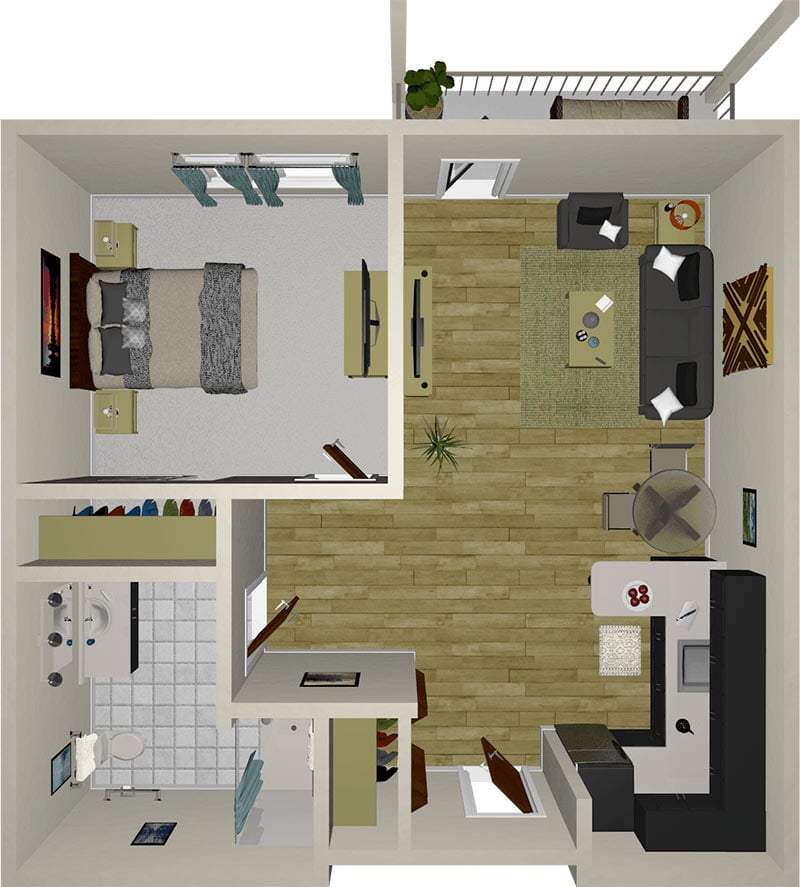 Top-down view of a one-bedroom apartment floor plan with a bedroom, bathroom, kitchen, and living area featuring wood floors, furniture, and a balcony.