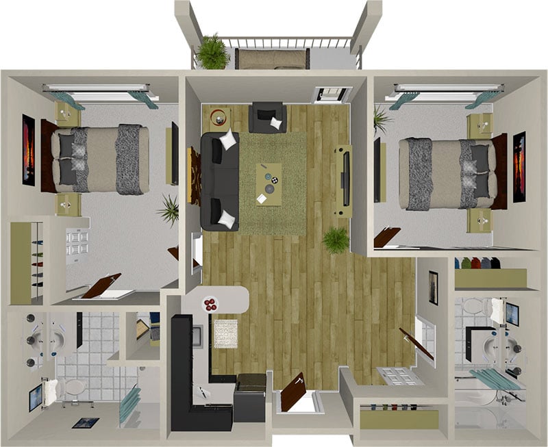 Top-down view of a two-bedroom apartment layout featuring a central living room, kitchen, two bathrooms, a balcony, and workspaces in each bedroom. Modern furnishings and wood flooring throughout the main areas.