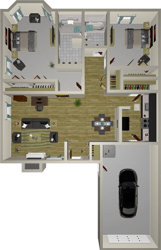 3D floor plan of a house with two bedrooms, two bathrooms, a living room, kitchen, dining area, office, laundry room, and an attached garage with a car inside.