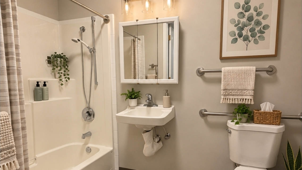 A tidy bathroom with a bathtub, shower, small sink, mirror cabinet, towel racks, and potted plants. There’s a framed leaf print on a beige wall and folded towels by the toilet.