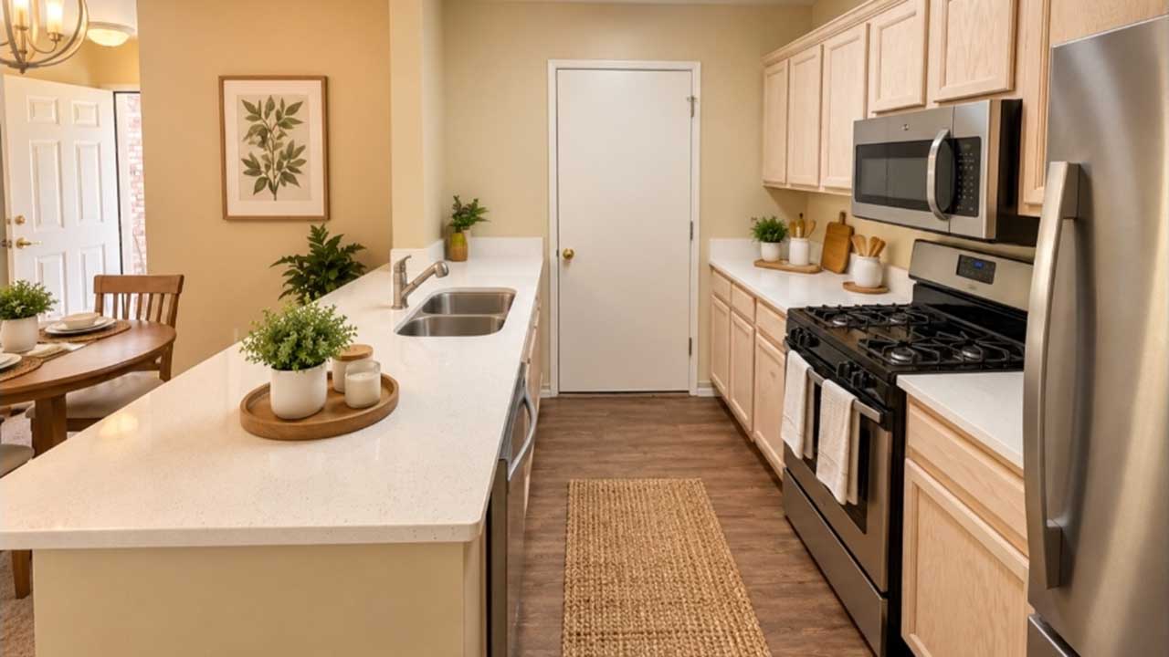 Modern kitchen with light wood cabinets, white countertops, stainless steel appliances, a gas stove, double sink, and plants for decor. Dining area with wooden table and chairs is visible in the background.